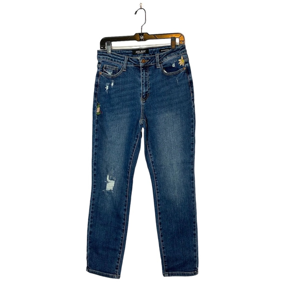 Judy Blue Jeans Distressed Floral Embroidered Straight Leg Medium Wash